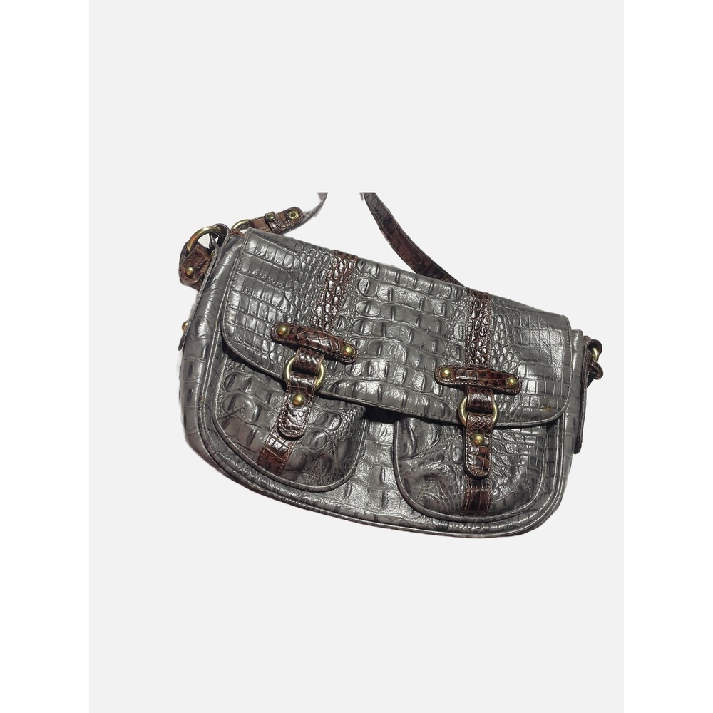 Brahmin Shoulder Bag Women Medium Grey Brown Croc Embossed Leather Satchel Purse